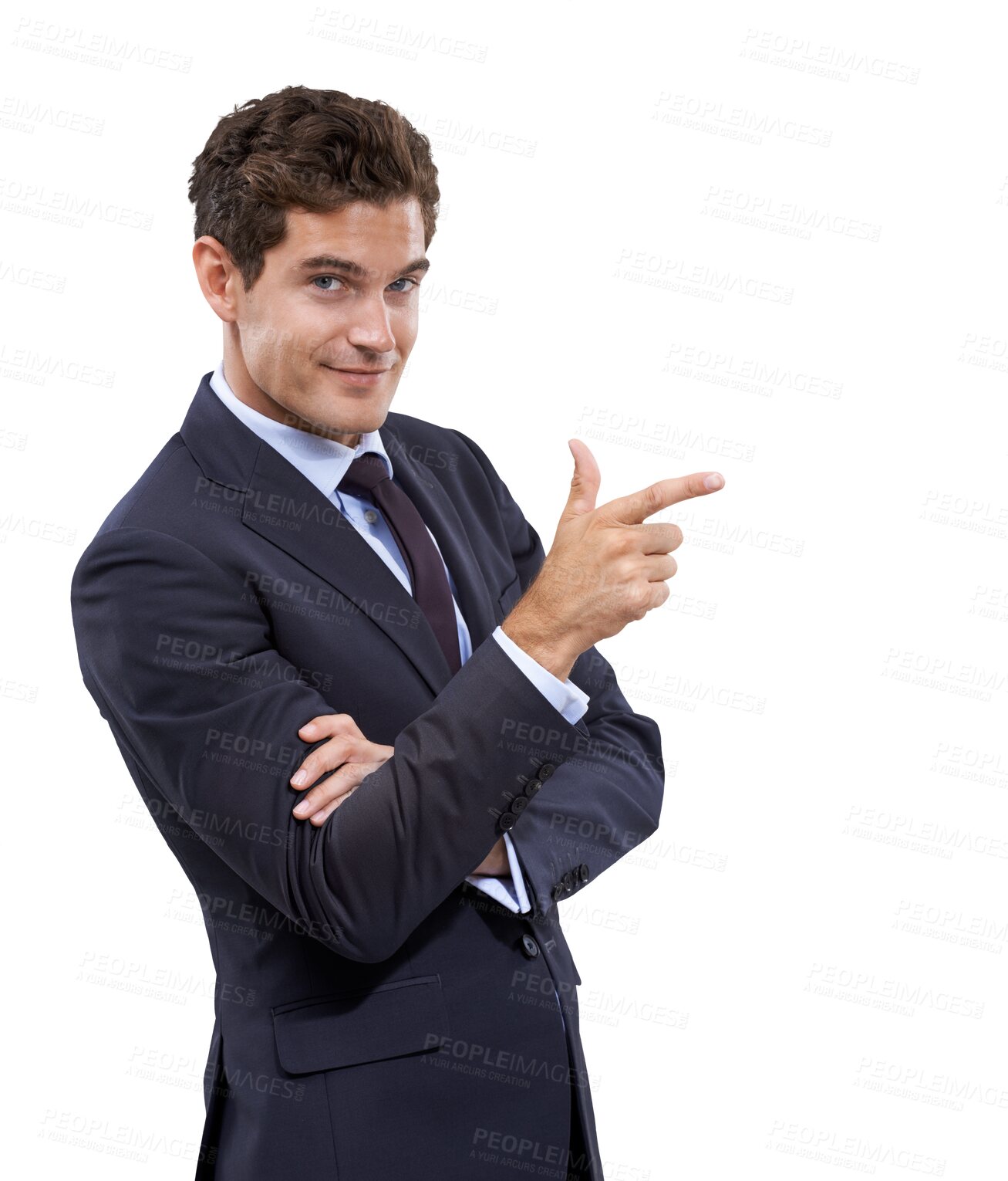 Buy stock photo Business man, smile portrait and pointing finger or advertising isolated on a transparent, png background. Corporate employee or male person with hand sign for marketing, presentation or announcement