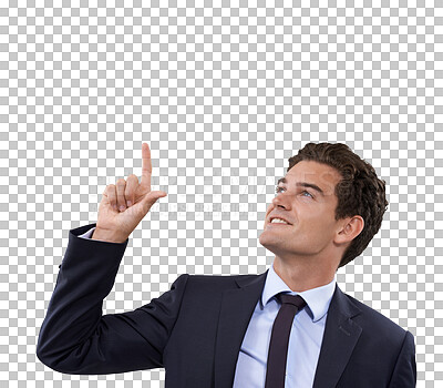 Buy stock photo Advertising, pointing up or business man gesture at sales discount, corporate promotion or news announcement. Promo commercial, branding or professional person isolated on transparent, png background