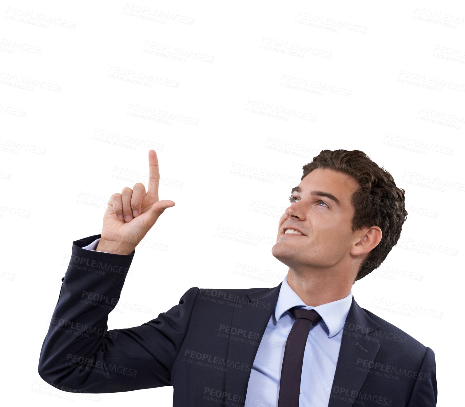 Buy stock photo Advertising, pointing up or business man gesture at sales discount, corporate promotion or news announcement. Promo commercial, branding or professional person isolated on transparent, png background