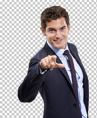 Buy stock photo Business man, smile and pointing at you or advertising isolated on a transparent, png background. Corporate employee or young person portrait and hand sign for choice, decision or motivation and vote