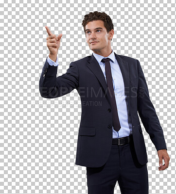 Buy stock photo Business man, thinking and pointing finger or advertising isolated on a transparent, png background. Corporate employee or young male person with hand sign for marketing, presentation or announcement