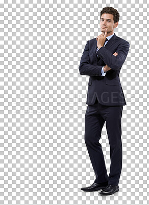 Buy stock photo Thinking, question and portrait of business man on transparent background for news, confused or decision. Choice, planning and doubt with employee isolated on png for solution, strategy and idea