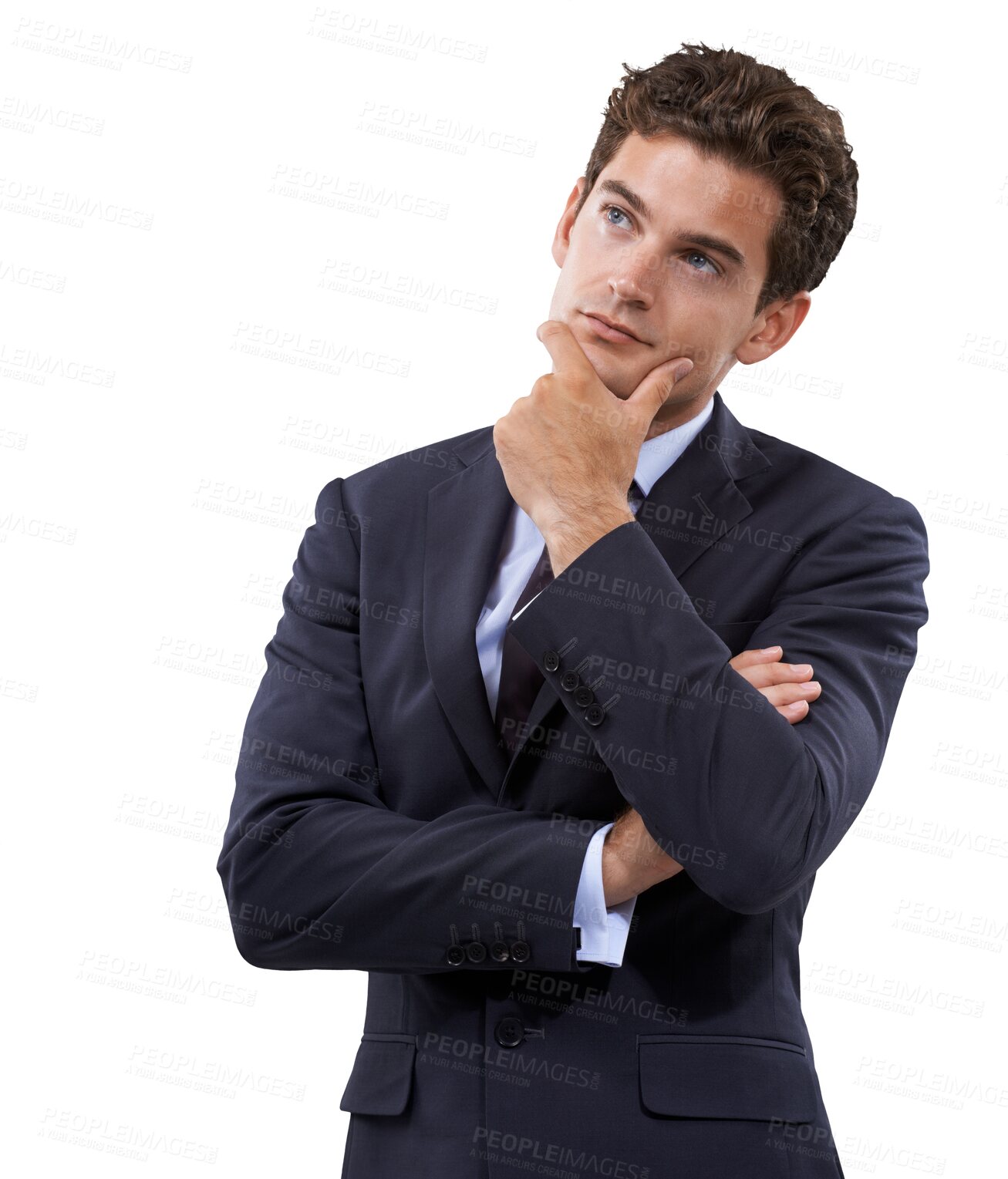 Buy stock photo Thinking, idea and hand on business man face on isolated, transparent and png background. Brainstorming, solution and male person with problem solving, questions and decision, why or choice emoji