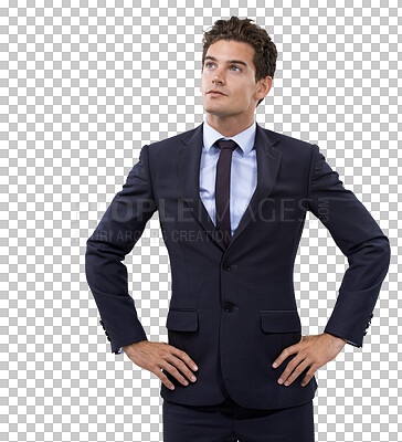 Buy stock photo Thinking, idea and business man with questions on isolated, transparent and png background. Brainstorming, solution and and male manager with problem solving, why and decision, choice or option