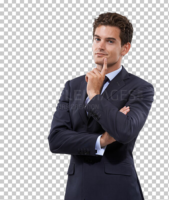 Buy stock photo Thinking, decision and portrait of business man on transparent background for professional, corporate and idea. Choice, planning and career with employee isolated on png for wondering and solution