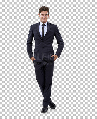 Buy stock photo Portrait, business man and hands in pocket isolated on a transparent png background. Fashion, stylish suit and happy person, professional or entrepreneur from Canada with confidence for corporate job