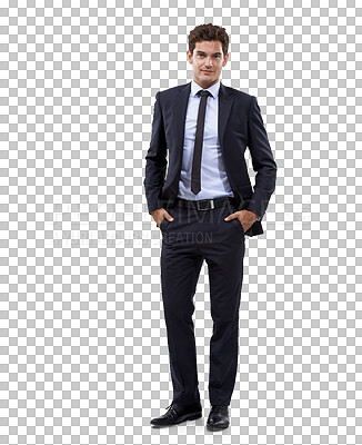 Buy stock photo Business man, worker suit and portrait  with corporate confidence and success. Male employee, happy and professional isolated on a transparent, png background ready for working with trendy job style