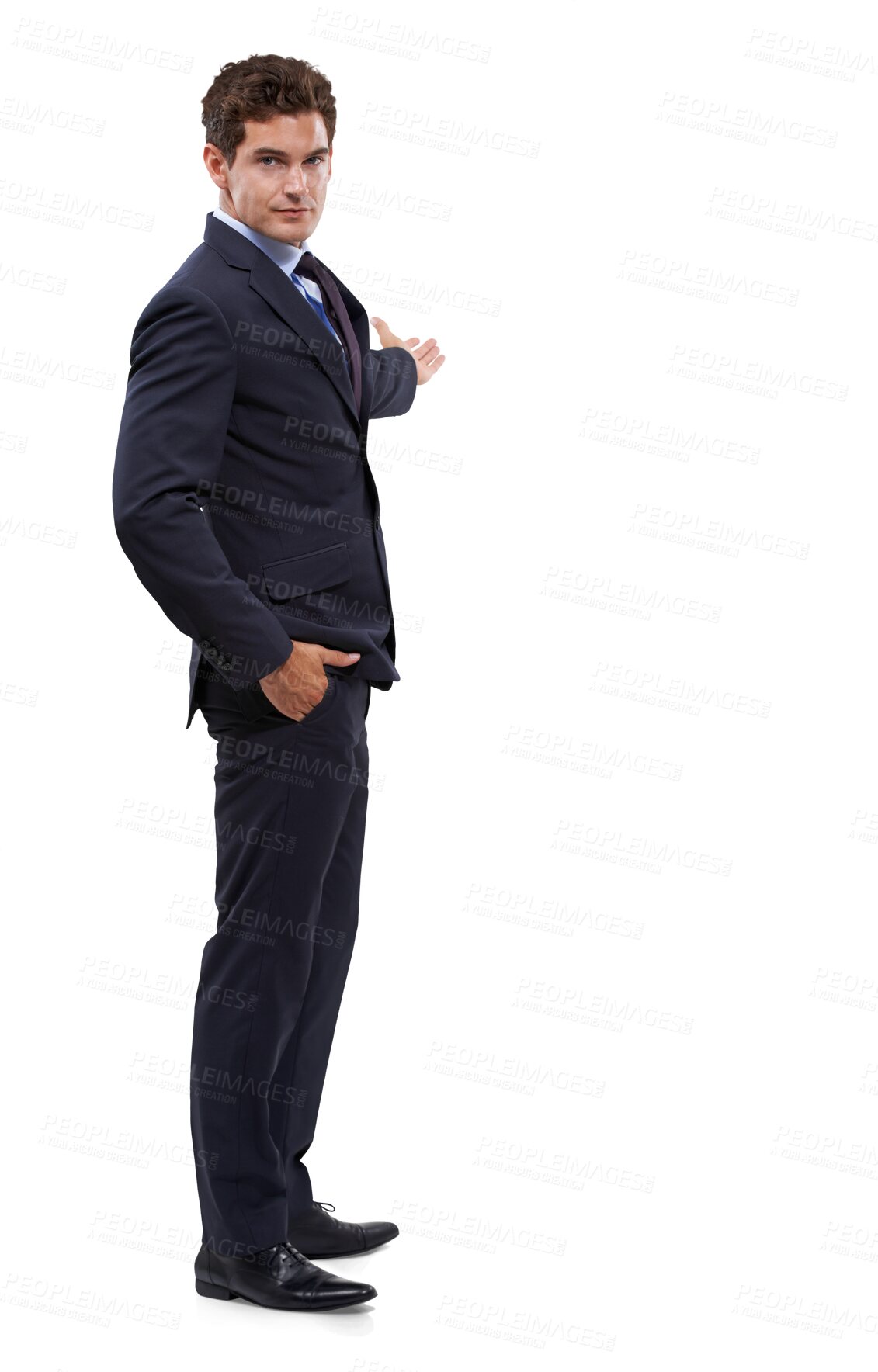 Buy stock photo Portrait, welcome and invitation of business man isolated on a transparent png background. Person, professional and  invite to enter presentation, serious entrepreneur and hand gesture for onboarding