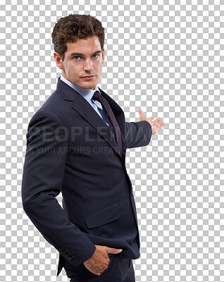 Buy stock photo Business advertising, portrait and serious man gesture at sales info, corporate service deal or news information. Presentation, brand and professional person isolated on transparent, png background