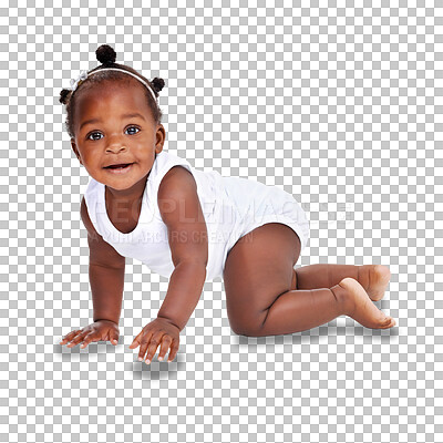 Buy stock photo African, baby and girl crawling with growth and development in portrait isolated on transparent png background. Happy, cute and female child learning on floor, early childhood and growing with infant