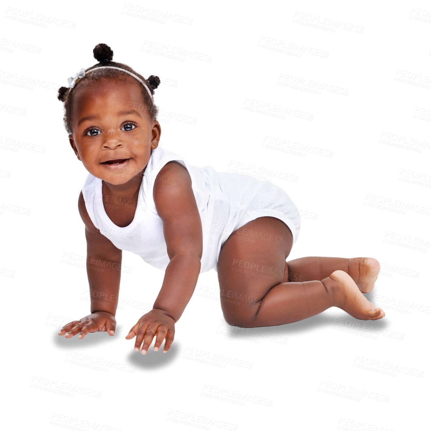 Buy stock photo African, baby and girl crawling with growth and development in portrait isolated on transparent png background. Happy, cute and female child learning on floor, early childhood and growing with infant