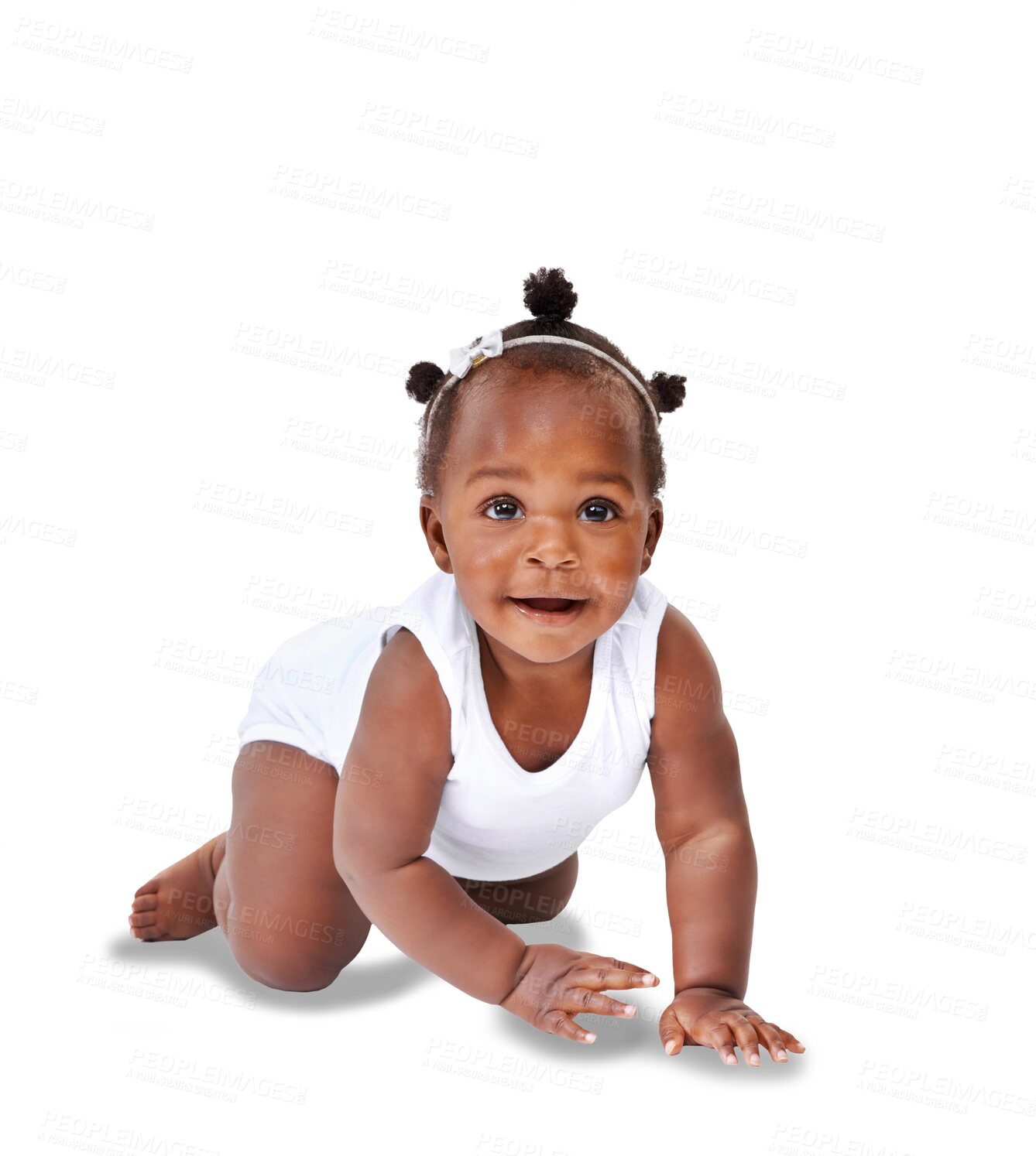 Buy stock photo Cute, crawling and smile with portrait of baby on transparent background for youth, innocence and learning. Smile, african and sweet with toddler isolated on png for playful, cheerful and positive