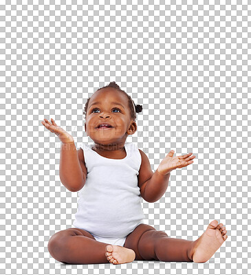 Buy stock photo Curious, african and a cute girl baby isolated on a transparent background for growth or child development. Children, health and youth with an adorable or innocent newborn female infant kid on PNG