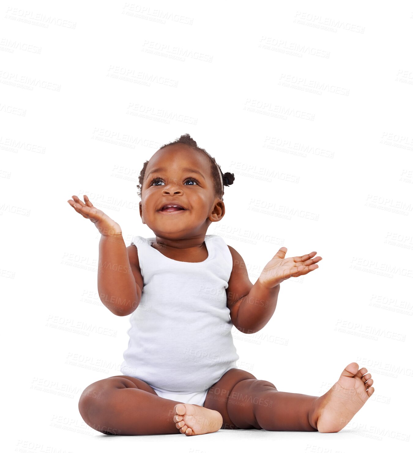 Buy stock photo Curious, african and a cute girl baby isolated on a transparent background for growth or child development. Children, health and youth with an adorable or innocent newborn female infant kid on PNG