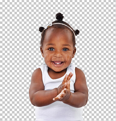 Buy stock photo Portrait, african and an innocent cute girl baby isolated on a transparent background for growth or child development. Children, health and youth with an adorable newborn female infant kid on PNG