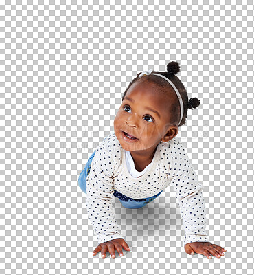 Buy stock photo Cute, crawl and youth with baby playing on transparent background for happy, innocence and learning. Smile, african and sweet with toddler isolated on png for playful, cheerful and positive