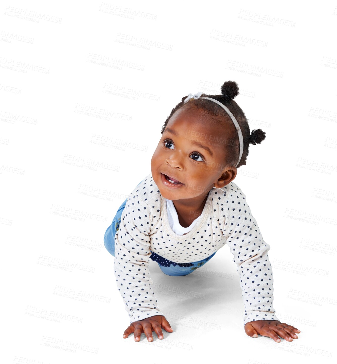 Buy stock photo Cute, crawl and youth with baby playing on transparent background for happy, innocence and learning. Smile, african and sweet with toddler isolated on png for playful, cheerful and positive