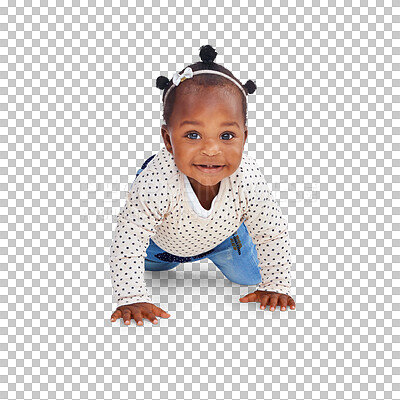 Buy stock photo Cute, crawling and happy with portrait of baby on transparent background for youth, innocence and learning. Smile, african and sweet with toddler isolated on png for playful, cheerful and positive