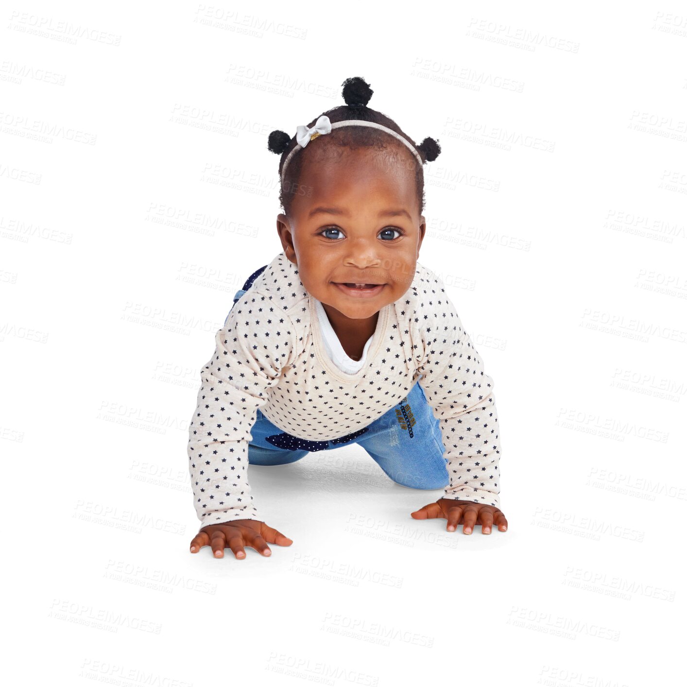 Buy stock photo Cute, crawling and happy with portrait of baby on transparent background for youth, innocence and learning. Smile, african and sweet with toddler isolated on png for playful, cheerful and positive