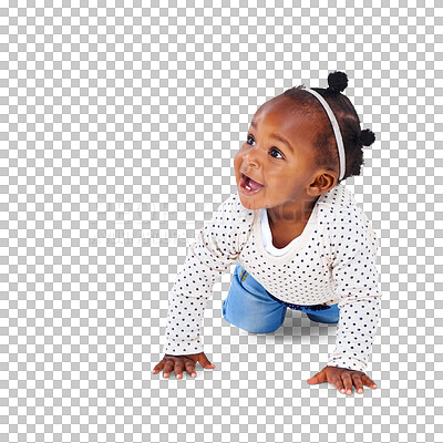 Buy stock photo Cute, small and happy with baby crawling on transparent background for youth, innocence and learning. Smile, african and sweet with toddler isolated on png for playful, cheerful and positive