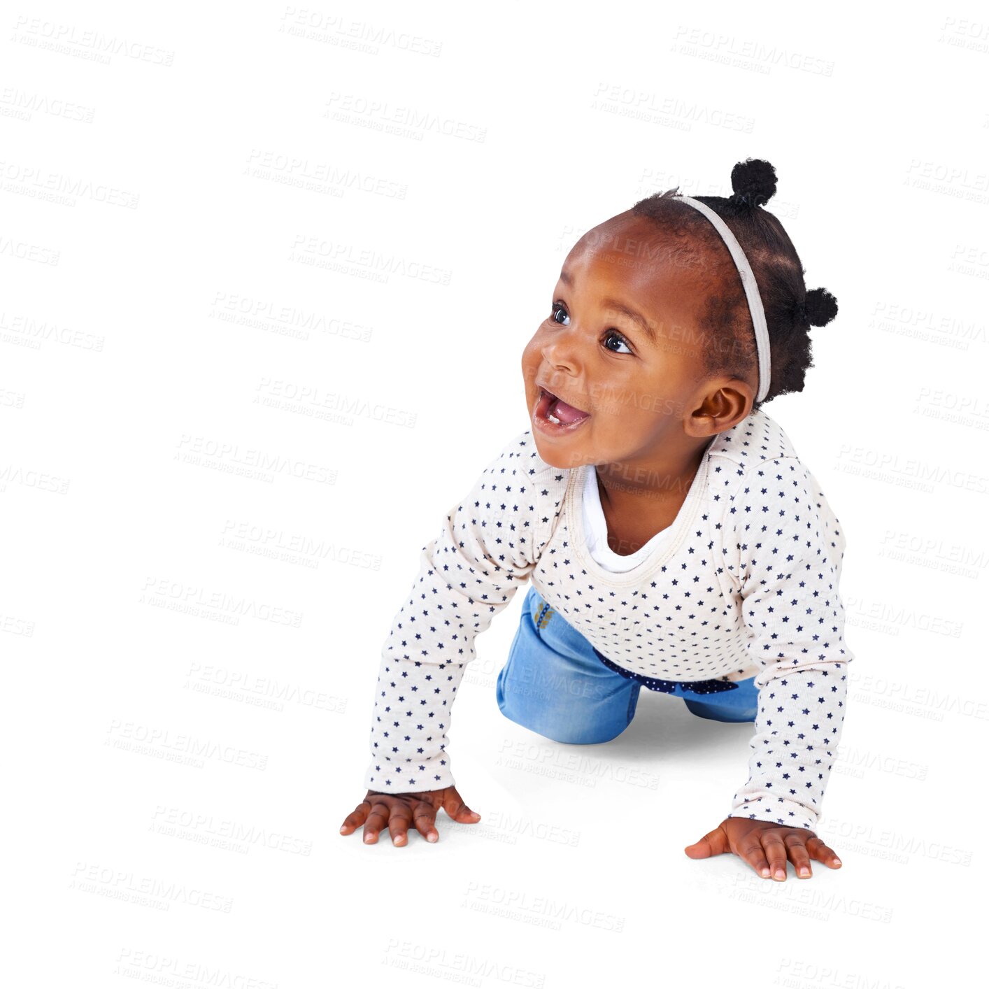 Buy stock photo Cute, small and happy with baby crawling on transparent background for youth, innocence and learning. Smile, african and sweet with toddler isolated on png for playful, cheerful and positive