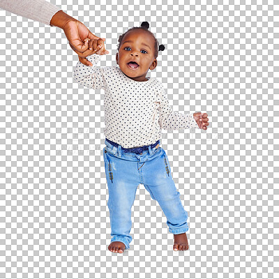 Buy stock photo Hand, baby and girl walking, smile and newborn isolated against a transparent background. Happy infant, toddler or kid with child development, growth and learning with png, steps or support with help