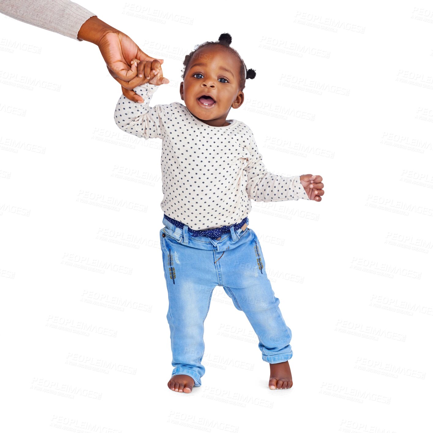 Buy stock photo Hand, baby and girl walking, smile and newborn isolated against a transparent background. Happy infant, toddler or kid with child development, growth and learning with png, steps or support with help