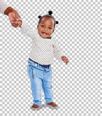 Buy stock photo Portrait, fashion and cute girl or child in casual style learning, walking and helping hand isolated on transparent png background. Support for baby, African kid or model from South Africa in jeans