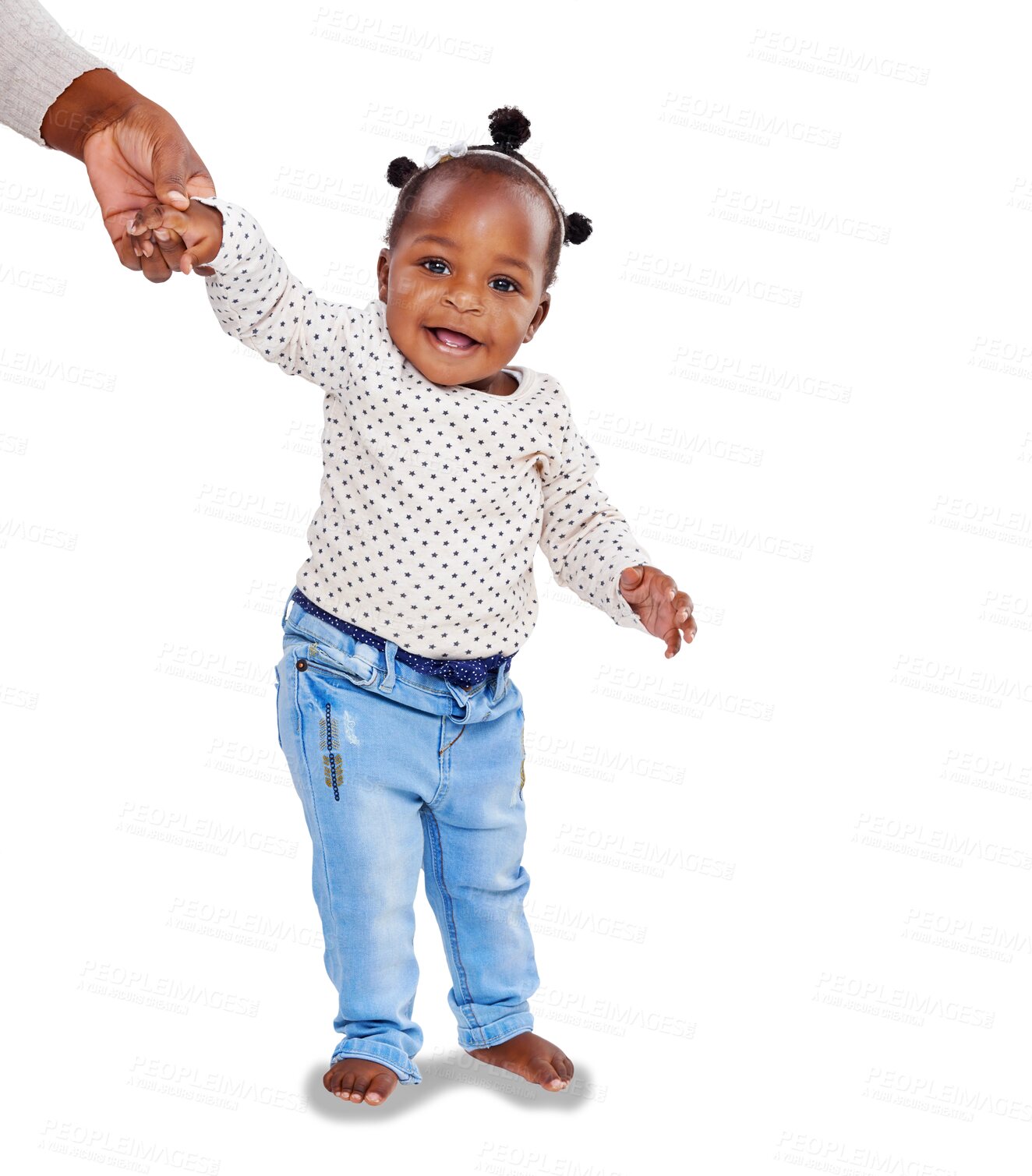 Buy stock photo Portrait, fashion and cute girl or child in casual style learning, walking and helping hand isolated on transparent png background. Support for baby, African kid or model from South Africa in jeans