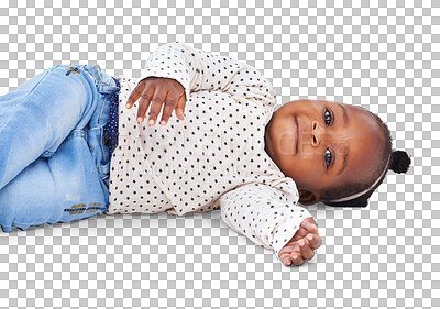 Buy stock photo Happy, smile and portrait of a baby for child development, growth and fun. Innocent, healthy toddler and cute African girl infant on floor with fashion clothes isolated on transparent, png background