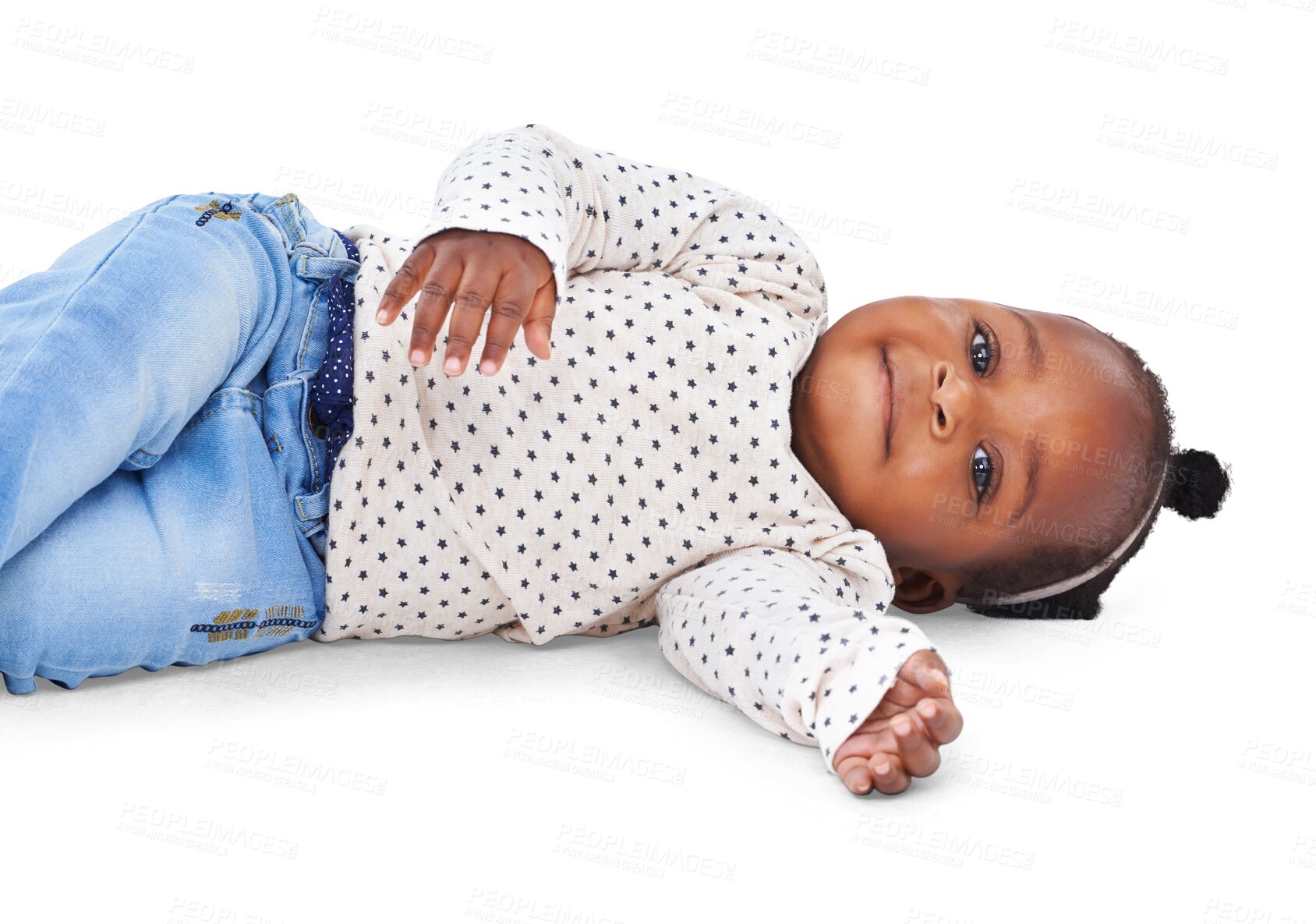 Buy stock photo Happy, smile and portrait of a baby for child development, growth and fun. Innocent, healthy toddler and cute African girl infant on floor with fashion clothes isolated on transparent, png background