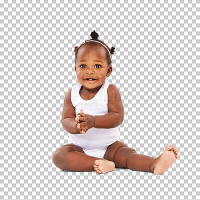 Buy stock photo Sweet, cute and baby clapping hands for child development, growth or fun celebration. Happy, toddler and African girl infant sitting and playing on floor isolated by a transparent png background.