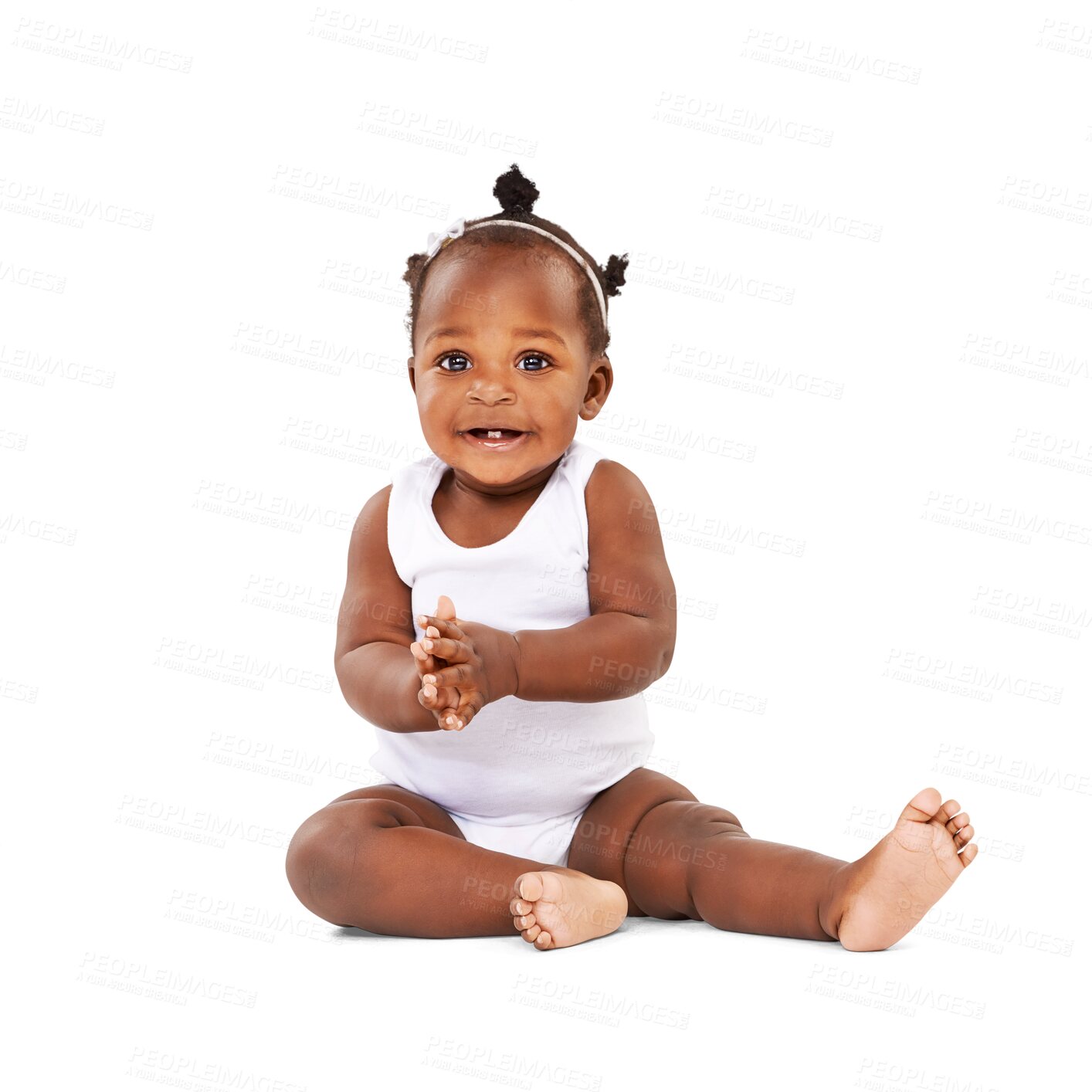 Buy stock photo Sweet, cute and baby clapping hands for child development, growth or fun celebration. Happy, toddler and African girl infant sitting and playing on floor isolated by a transparent png background.