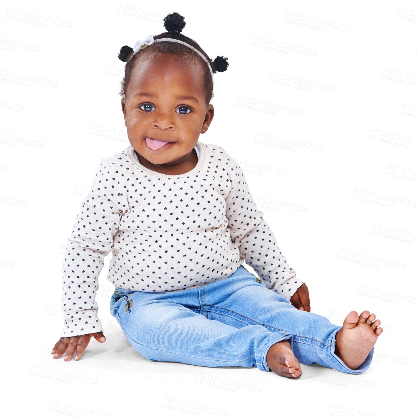Buy stock photo Portrait, baby or girl with a smile, floor or infant isolated against a transparent background. Female person, kid or toddler with happiness, wellness or health with png, newborn or child development