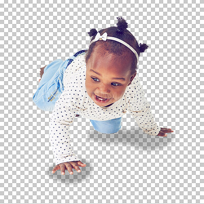 Buy stock photo Isolated African baby girl, crawl and happy with moving, steps or learning by transparent png background. Young female child, crawling and childhood development with smile, excited and kids fashion