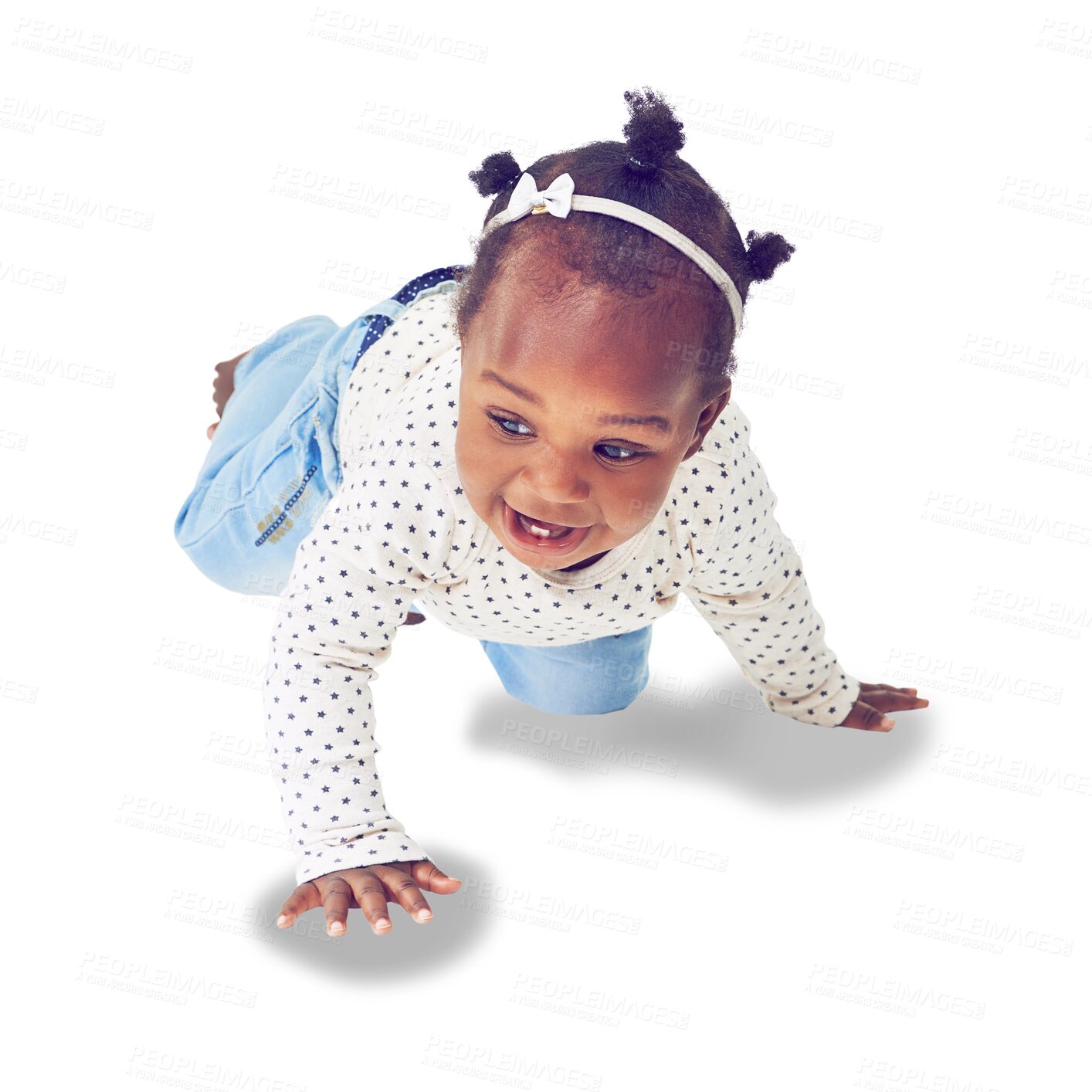 Buy stock photo Isolated African baby girl, crawl and happy with moving, steps or learning by transparent png background. Young female child, crawling and childhood development with smile, excited and kids fashion