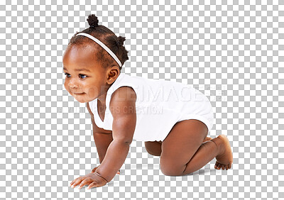 Buy stock photo Cute, young and smile with baby crawling on transparent background for youth, innocence and learning. Happy, african and sweet with toddler isolated on png for playful, cheerful and positive