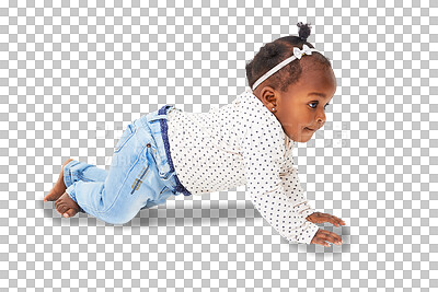 Buy stock photo Healthy, crawling and baby girl for child development, growth and learning. Innocent, cute toddler or black infant kid crawl on floor with fashion clothes isolated on a transparent, png background