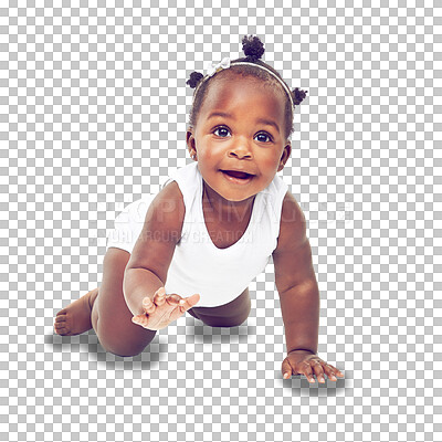 Buy stock photo Cute, natural and smile with baby crawling on transparent background for youth, innocence and learning. Smile, african and sweet with toddler isolated on png for playful, cheerful and positive