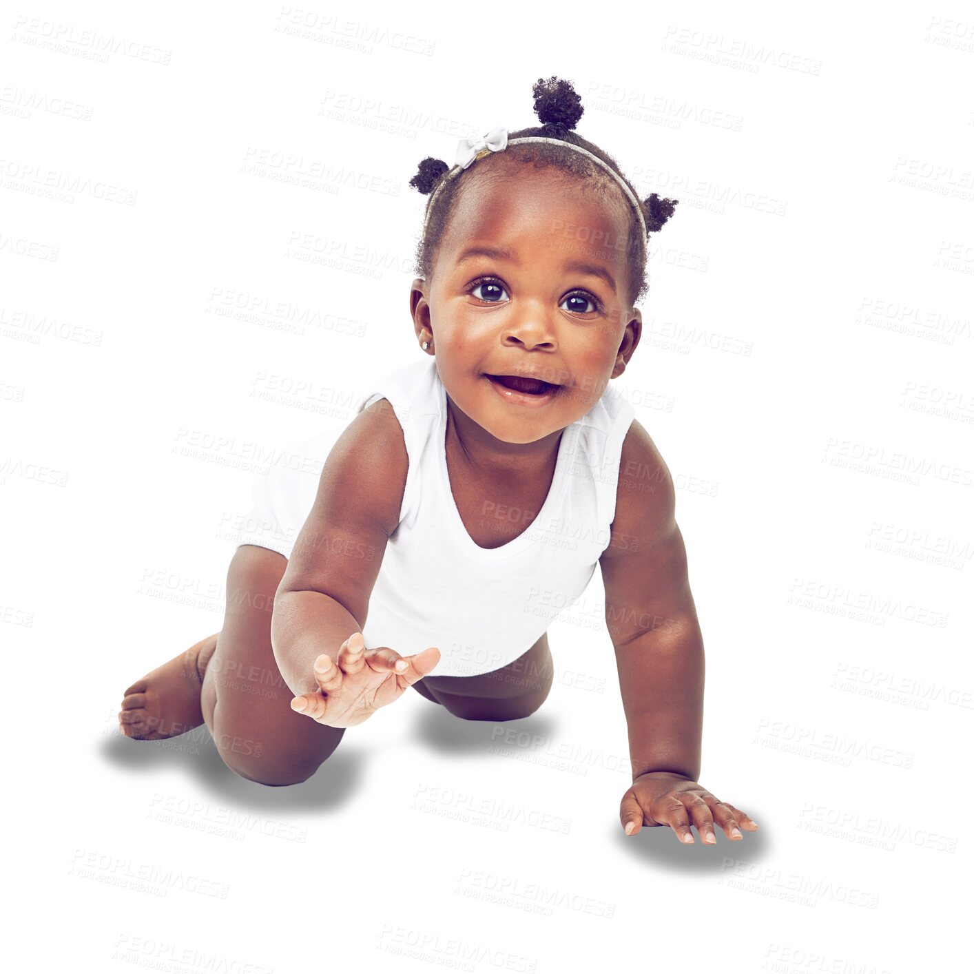 Buy stock photo Cute, natural and smile with baby crawling on transparent background for youth, innocence and learning. Smile, african and sweet with toddler isolated on png for playful, cheerful and positive