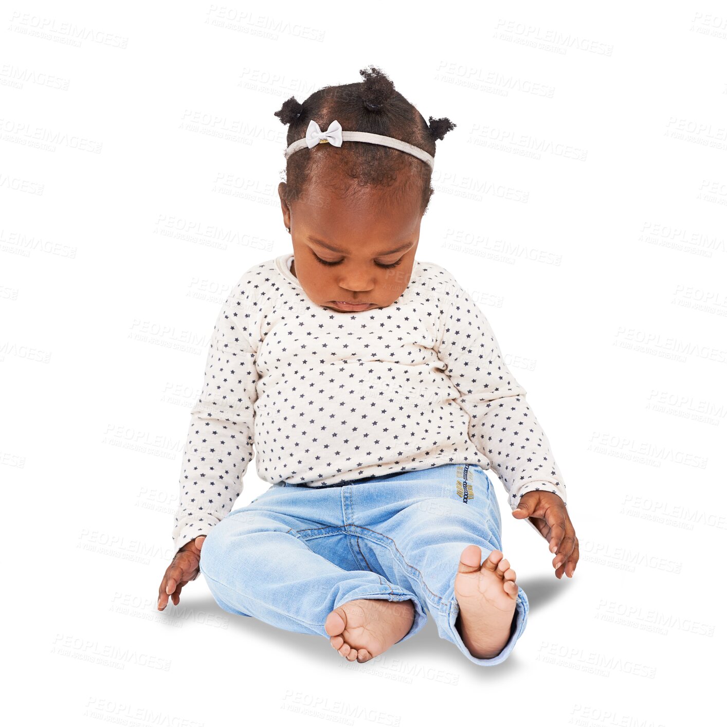 Buy stock photo Curious, children and fashion with a black girl baby isolated on a transparent background for child development. Kids, adorable or innocent with a cute female infant sitting on PNG in a casual outfit