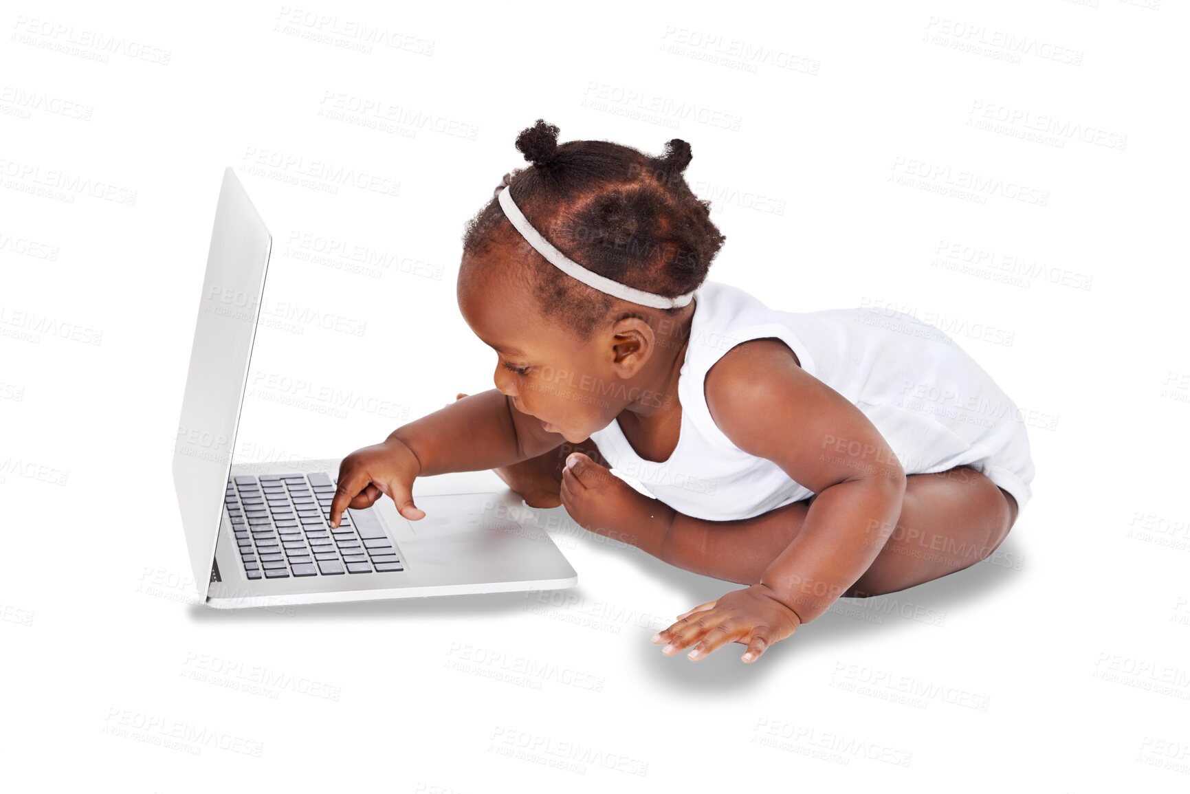 Buy stock photo Isolated African baby girl, laptop and typing in childhood development by transparent png background. Young black kid, infant or toddler with computer, learning or growth with playing, games and tech