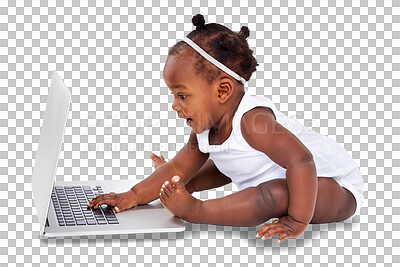 Buy stock photo Isolated African toddler girl, laptop and typing for childhood development by transparent png background. Young black kid, infant or baby with computer, learning and growth with happiness for games