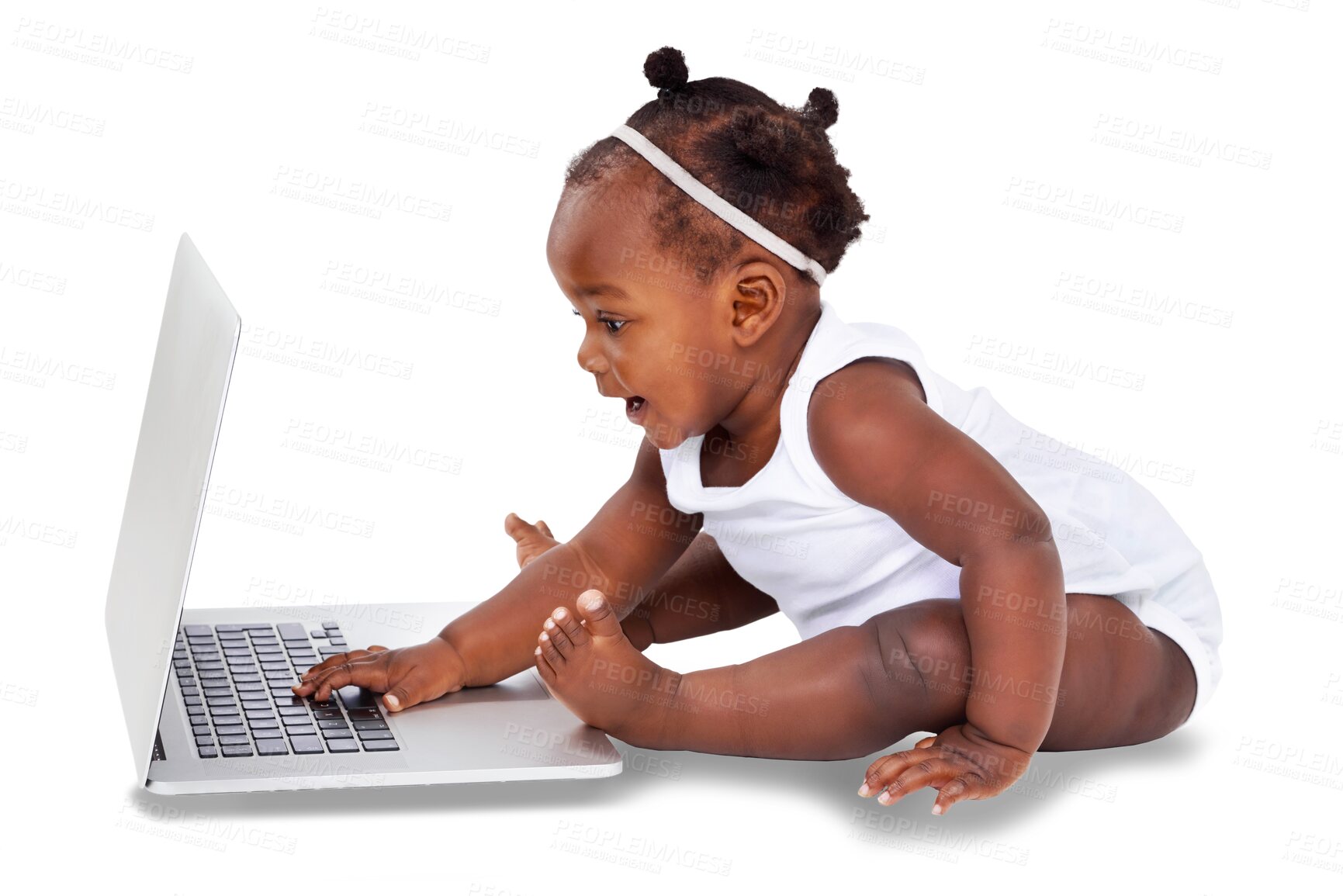 Buy stock photo Isolated African toddler girl, laptop and typing for childhood development by transparent png background. Young black kid, infant or baby with computer, learning and growth with happiness for games