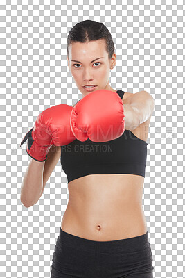 Buy stock photo Portrait, fight or woman boxing, exercise or healthy athlete isolated against a transparent background. Female person, girl or boxer with energy, power or training for a competition, challenge or png