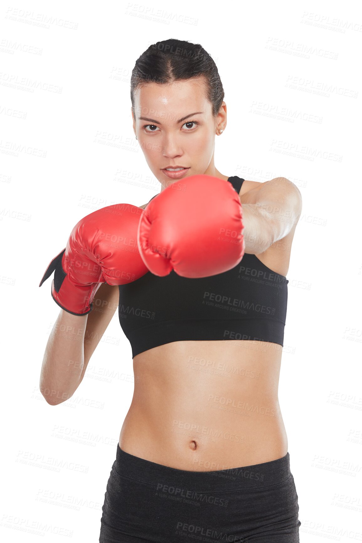 Buy stock photo Portrait, fight or woman boxing, exercise or healthy athlete isolated against a transparent background. Female person, girl or boxer with energy, power or training for a competition, challenge or png