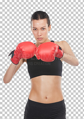 Buy stock photo Training, portrait and woman with gloves for boxing in png or isolated and transparent background. Exercise, female boxer and fist fight with champion and energy with courage in in battle challenge.