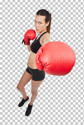 Buy stock photo Punch, portrait of serious woman and boxer isolated on a transparent png background. Sport, boxing challenge and athlete punching for exercise, workout or train for competition, fight or martial arts