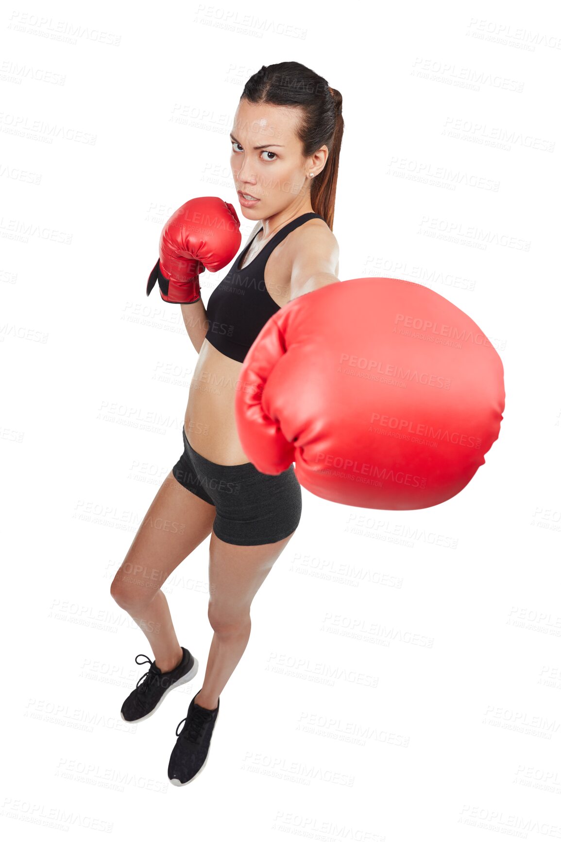 Buy stock photo Punch, portrait of serious woman and boxer isolated on a transparent png background. Sport, boxing challenge and athlete punching for exercise, workout or train for competition, fight or martial arts