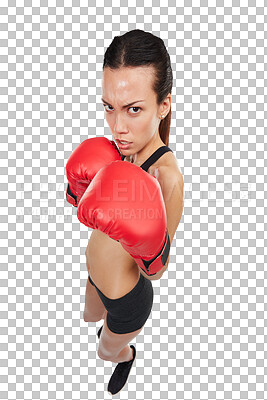 Buy stock photo High angle, portrait of woman and boxer isolated on a transparent png background. Face, boxing and serious athlete ready to start exercise, workout or training for competition, fight or martial arts.